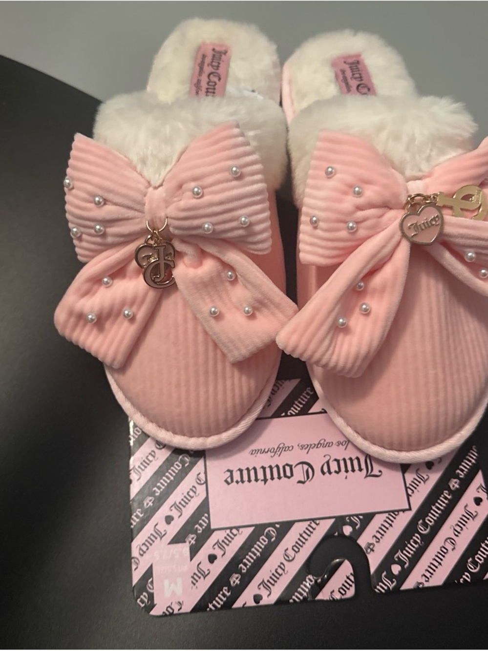 Juicy Couture Girls Light Pink Bow Pearl Slide Slippers